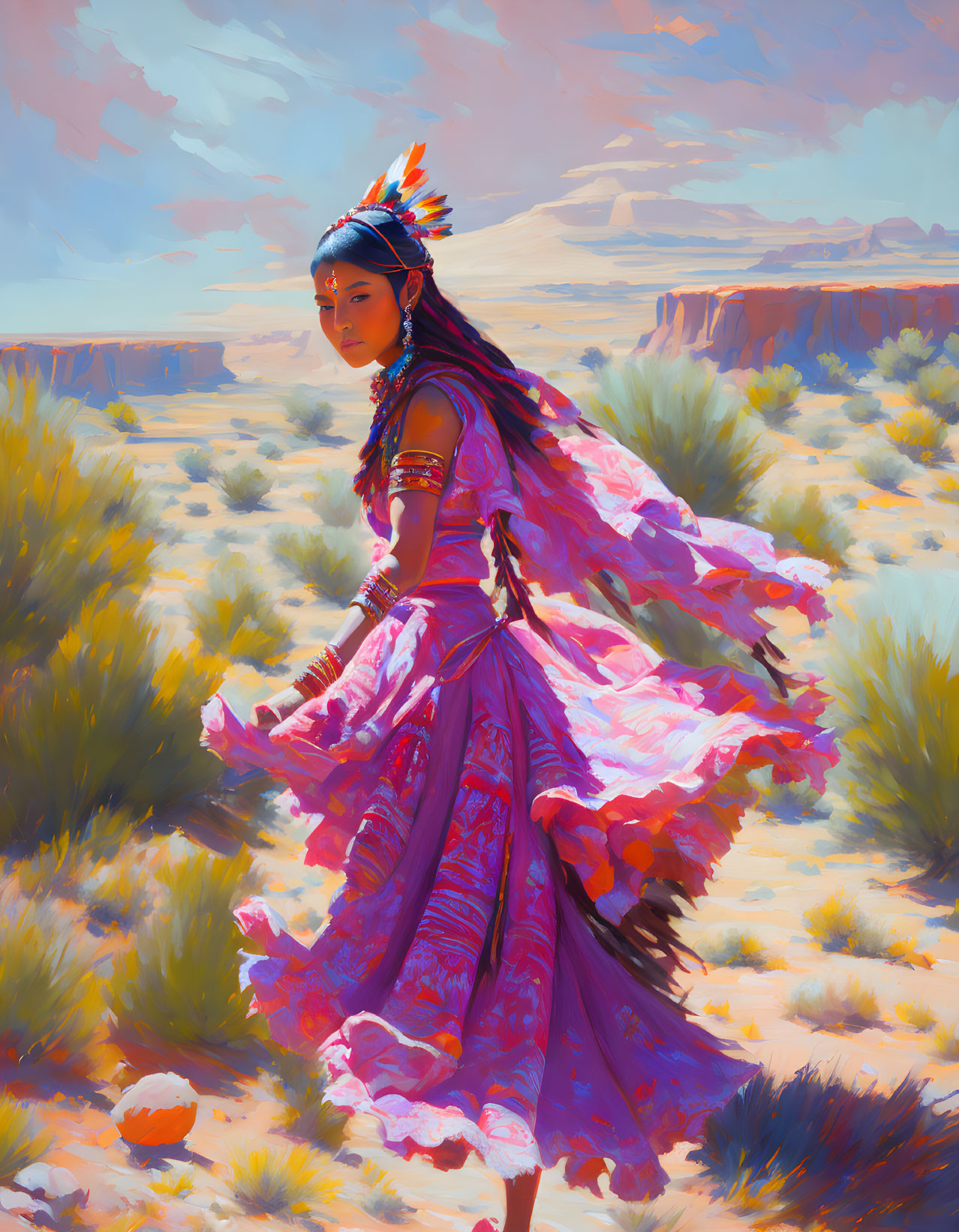 Native American woman dances in desert landscape with feather headdress.