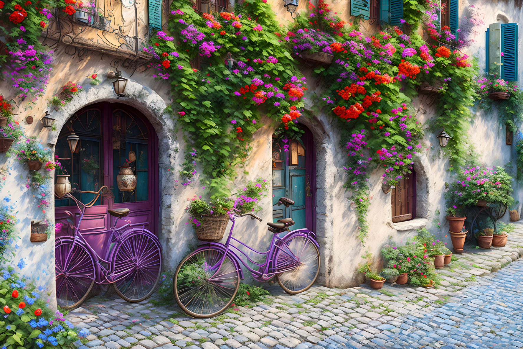 Cobblestone Street with Rustic Buildings, Flowers, and Vintage Bicycle