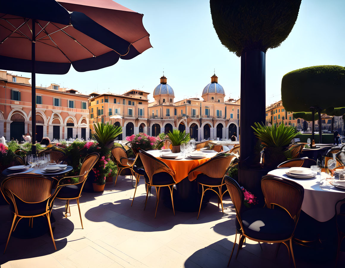Scenic outdoor restaurant terrace with tables, umbrellas, and historic city view
