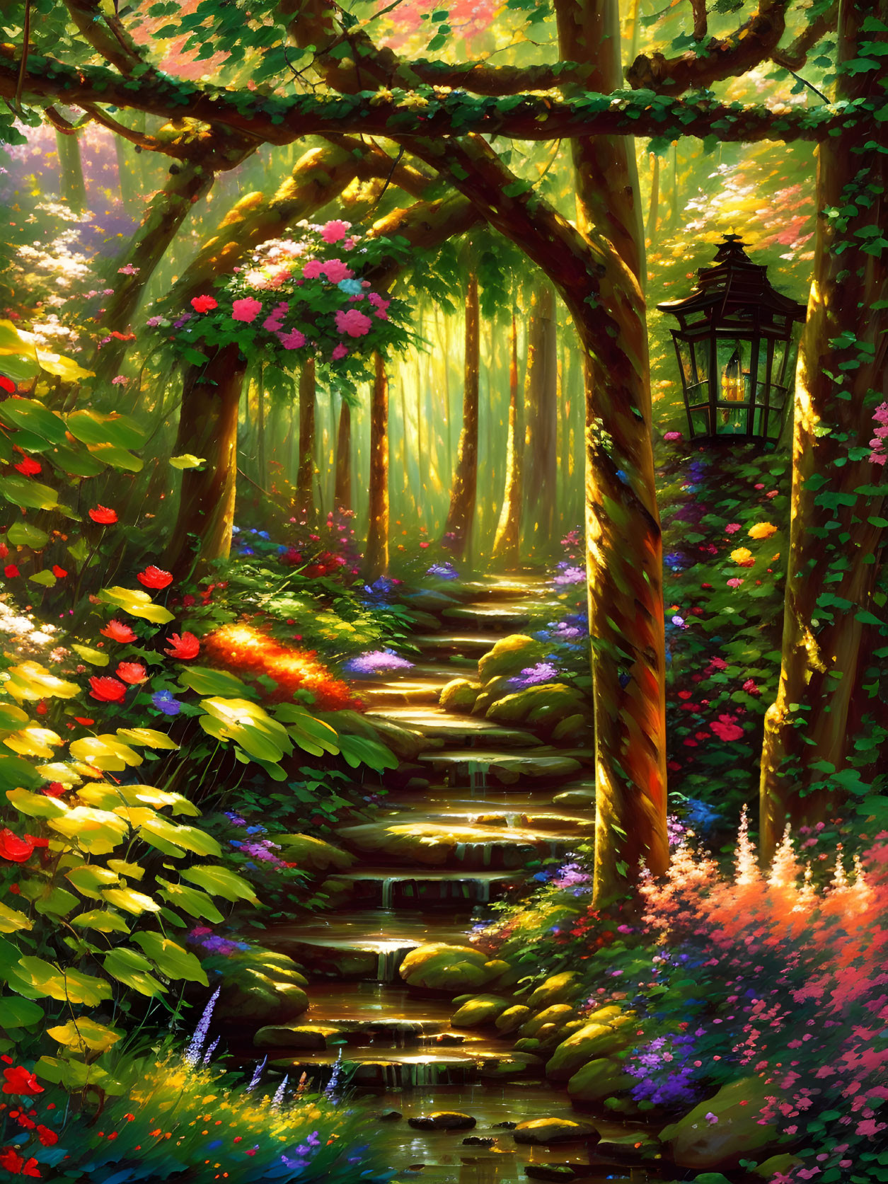 Colorful Forest Path with Stone Staircase and Flowers