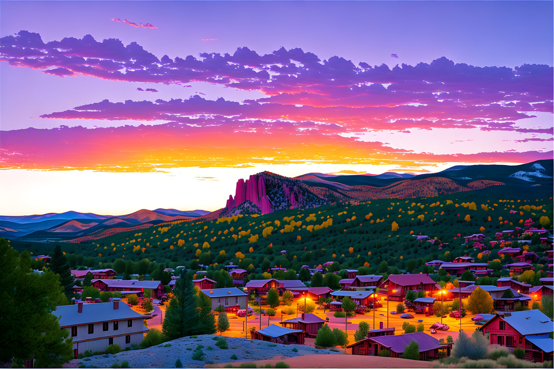 Colorful sunset over mountain town with illuminated buildings