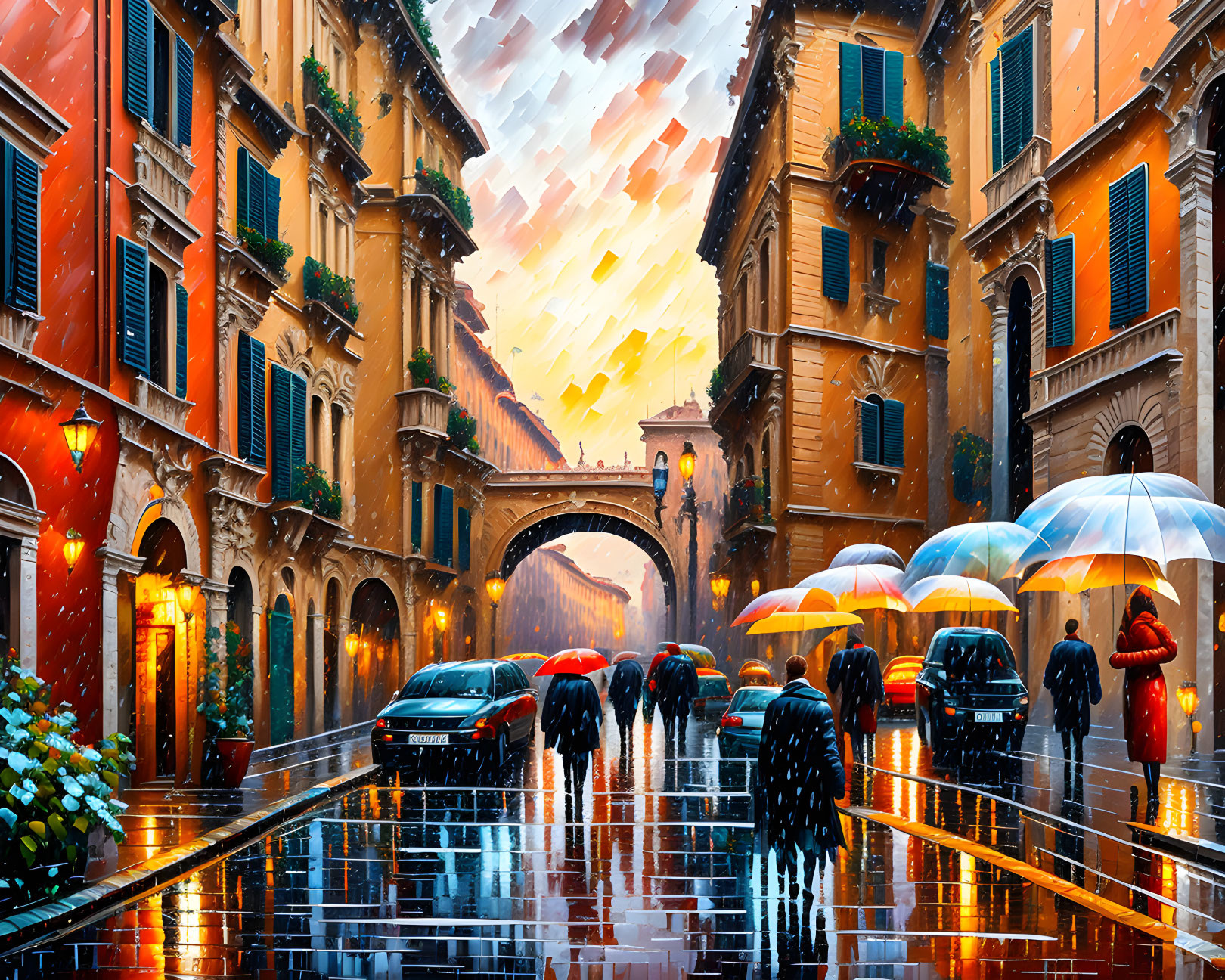 Quaint town street scene with people and colorful umbrellas on rain-soaked cobblestones