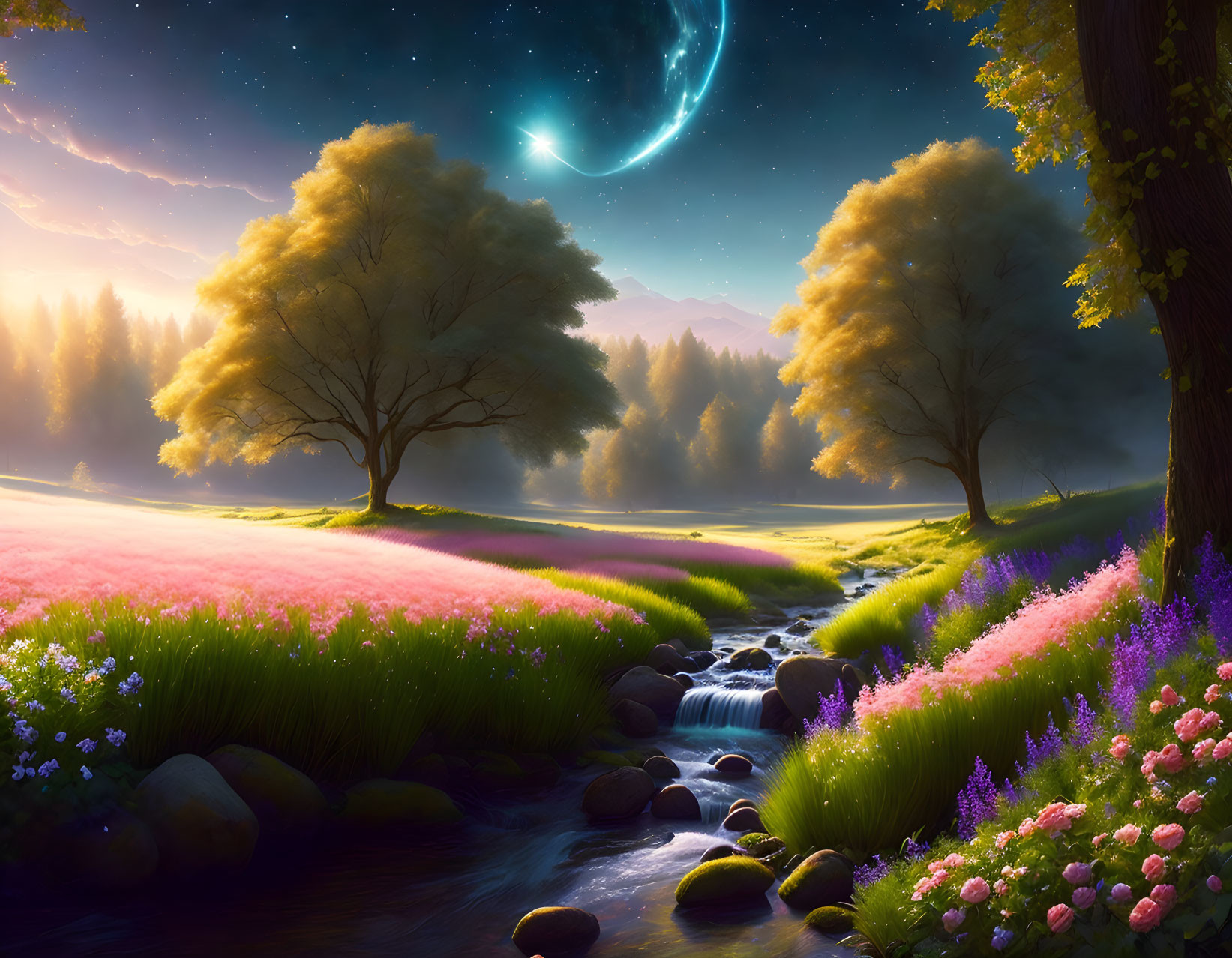Twilight scene with crescent moon, illuminated trees, sparkling stream, colorful flowers, distant mountains