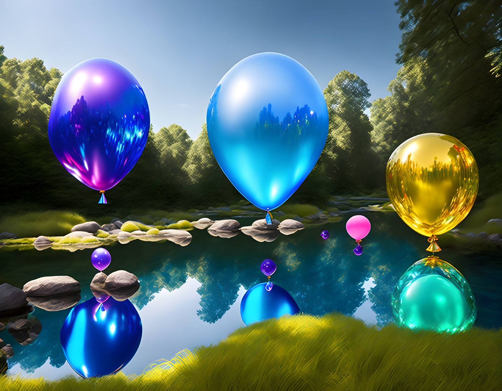Colorful shiny balloons float above serene river with lush greenery