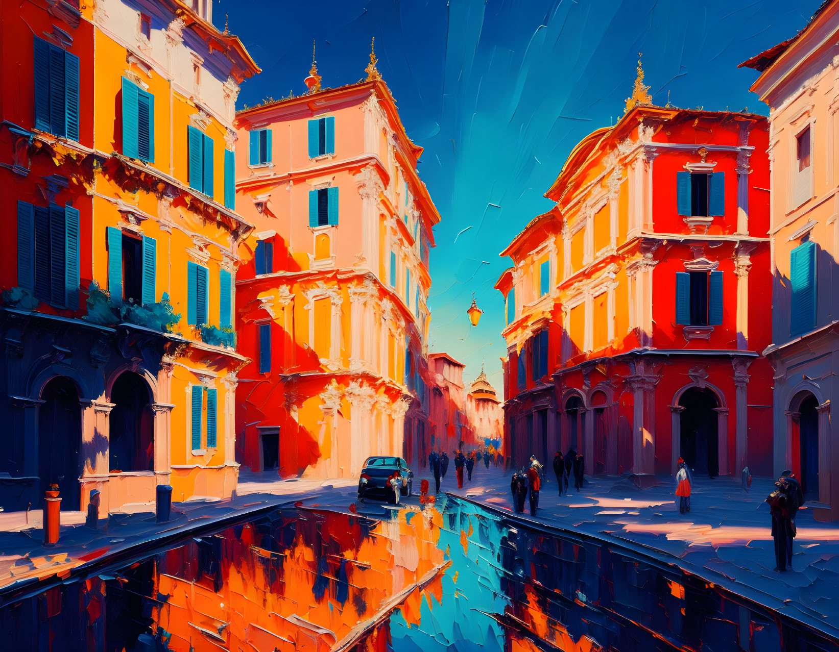 Colorful street scene with buildings, people, car, and blue sky in dynamic brushstrokes
