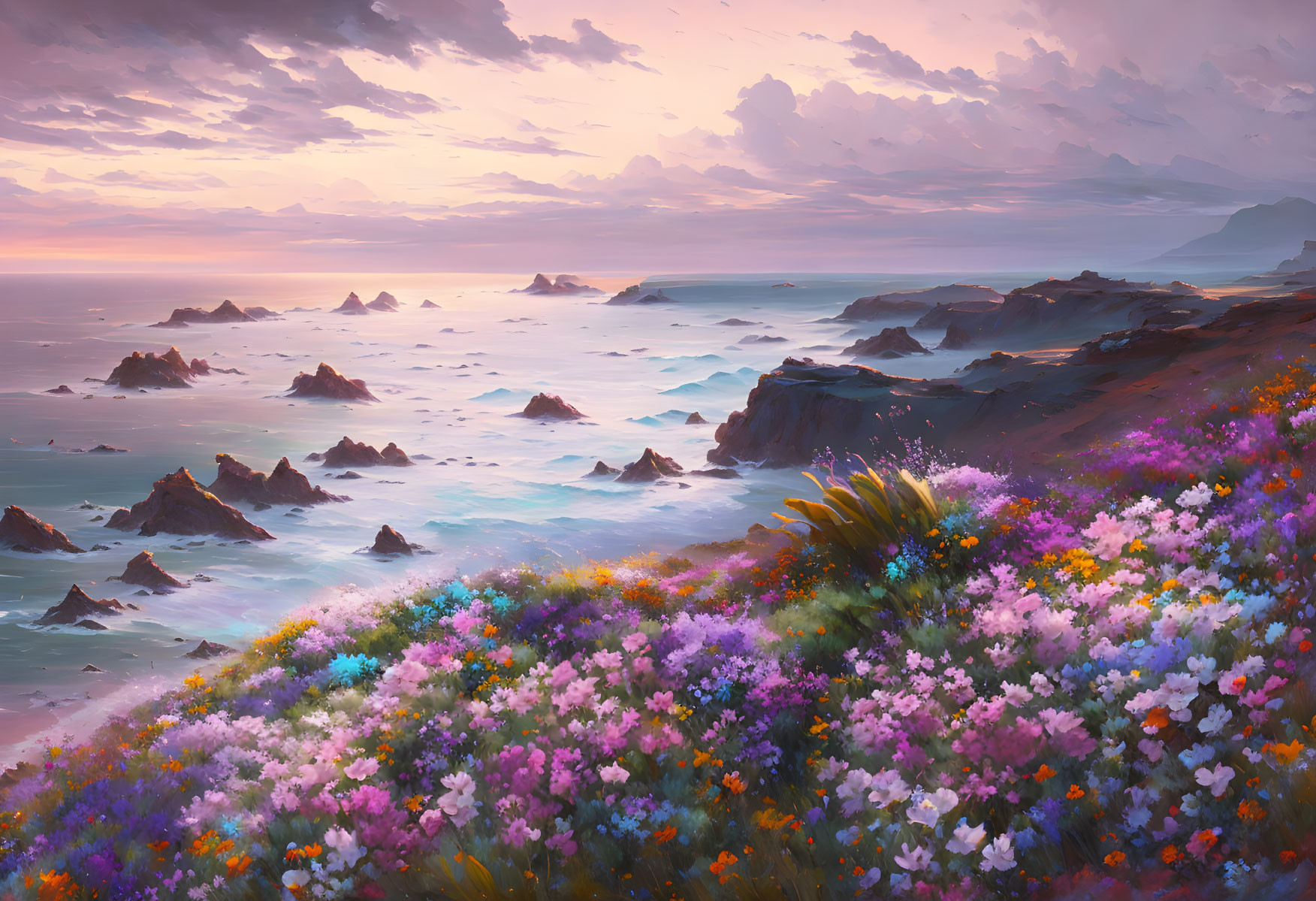 Scenic coastal view: flower-covered cliff, calm sea, pastel sunset sky