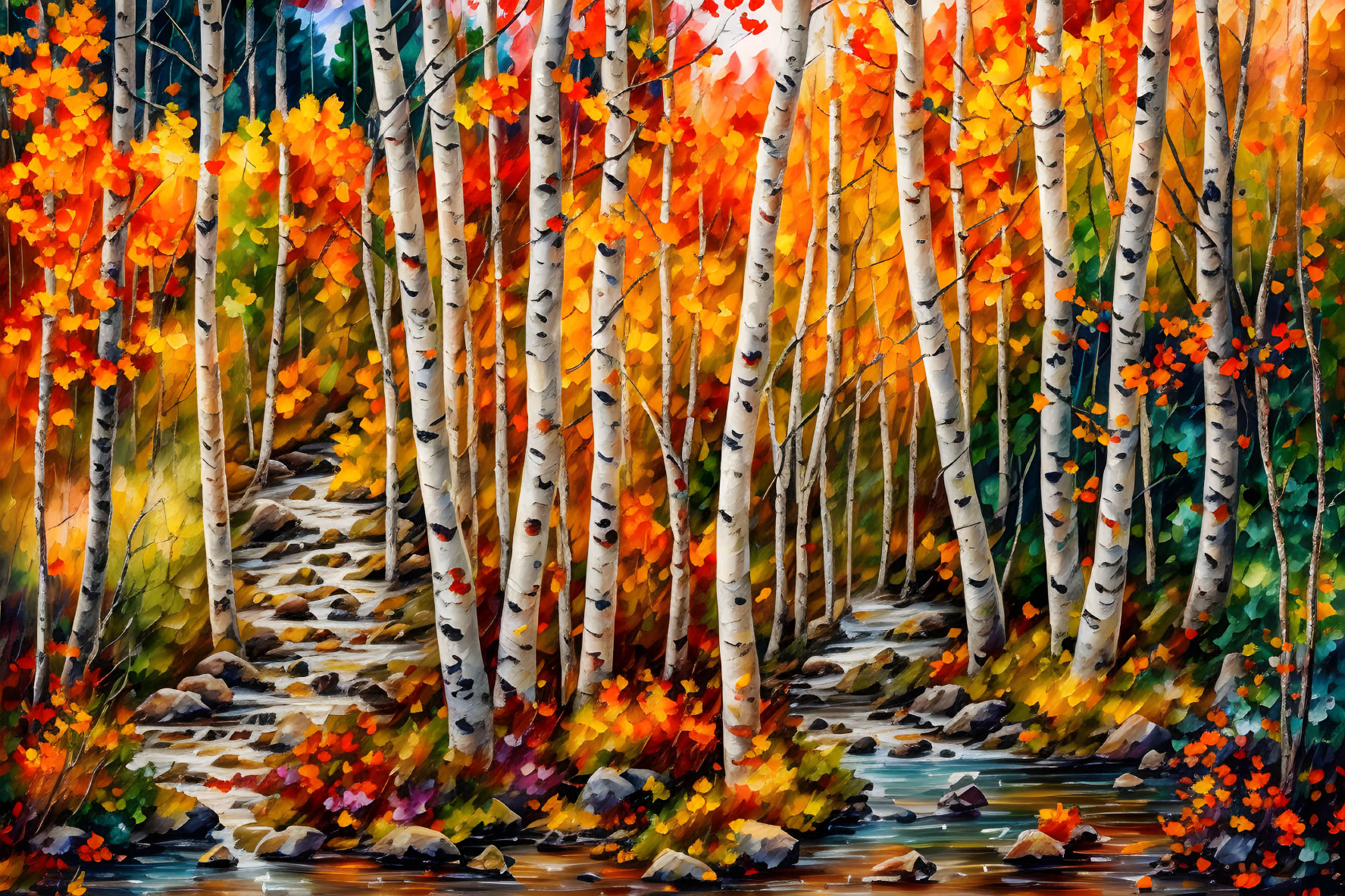 Autumn forest path painting with birch trees and vibrant foliage