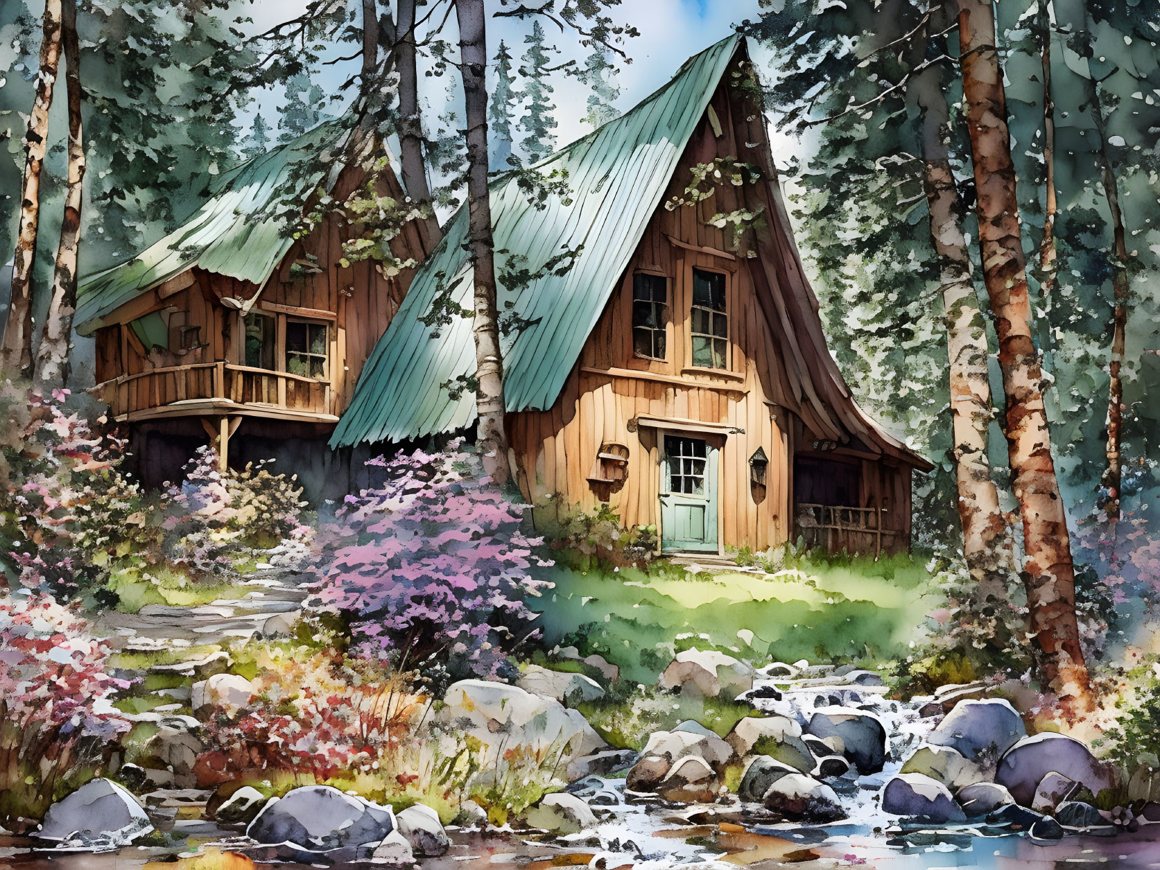 Tranquil watercolor scene: cabin, trees, stream