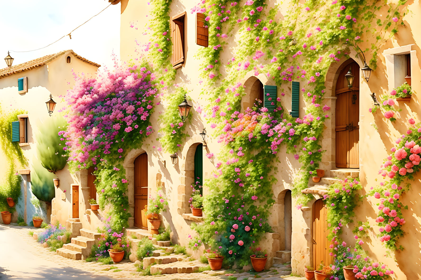 Traditional houses and vibrant bougainvillea on charming cobblestone street