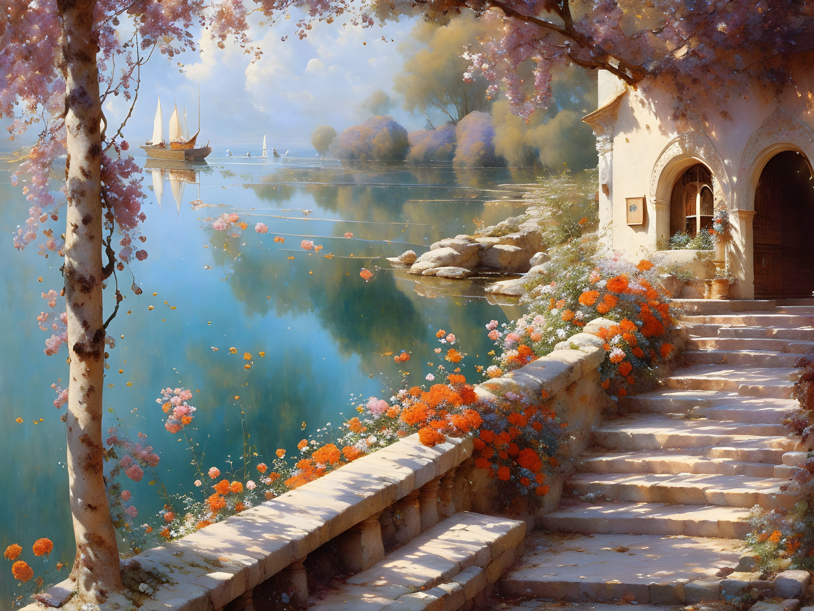 Serene lakeside scenery with blooming trees, stone steps, and distant boat