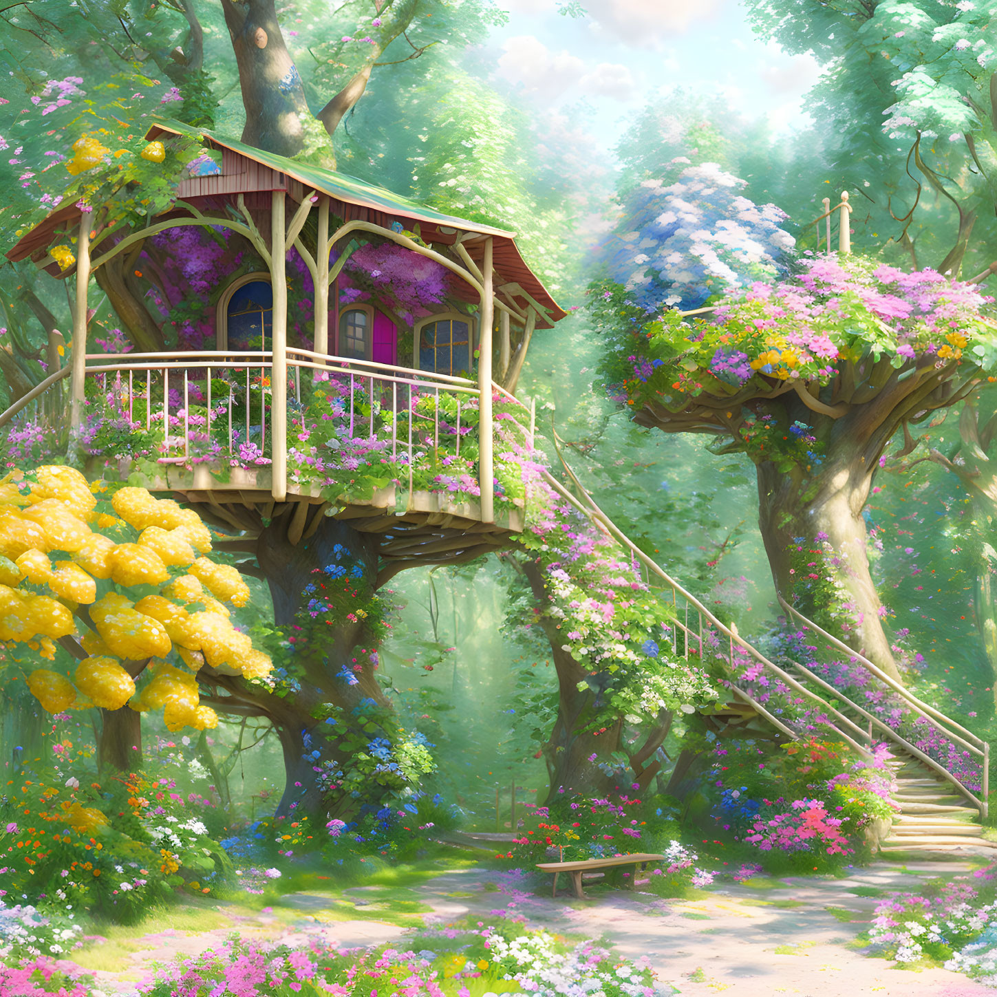 Whimsical treehouse in lush forest with vibrant flowers