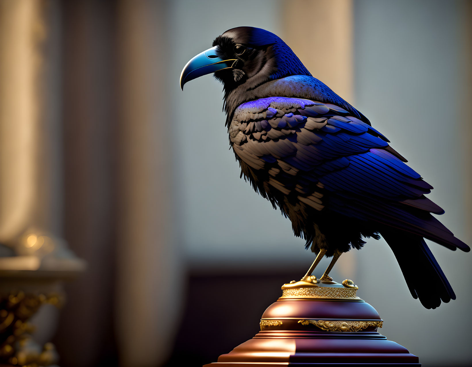 Majestic raven on golden pedestal with soft lighting