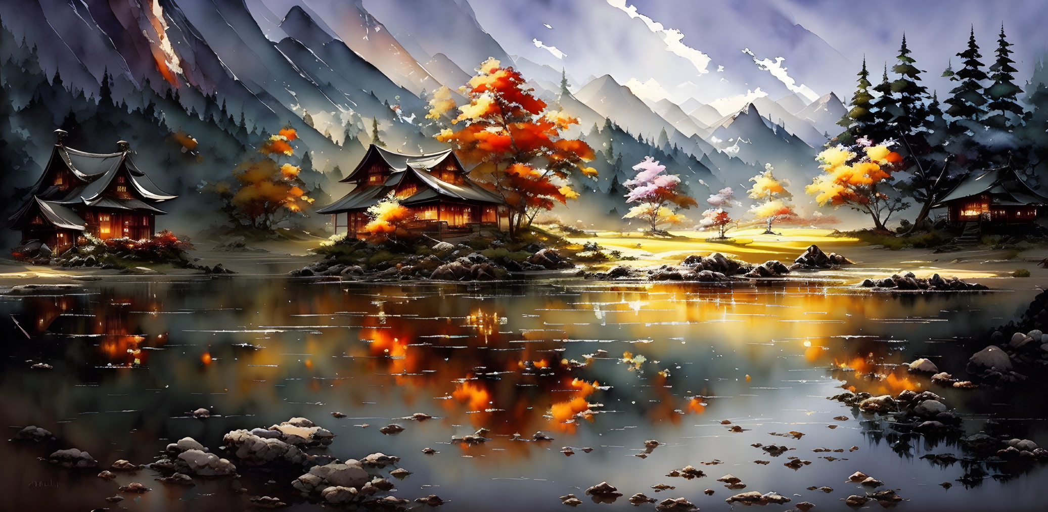 Autumnal lakeside houses with mountains and twilight ambiance.