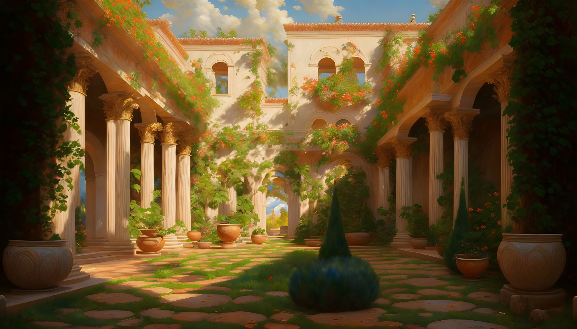 Tranquil courtyard with orange trees, arches, and classical columns in warm sunlight