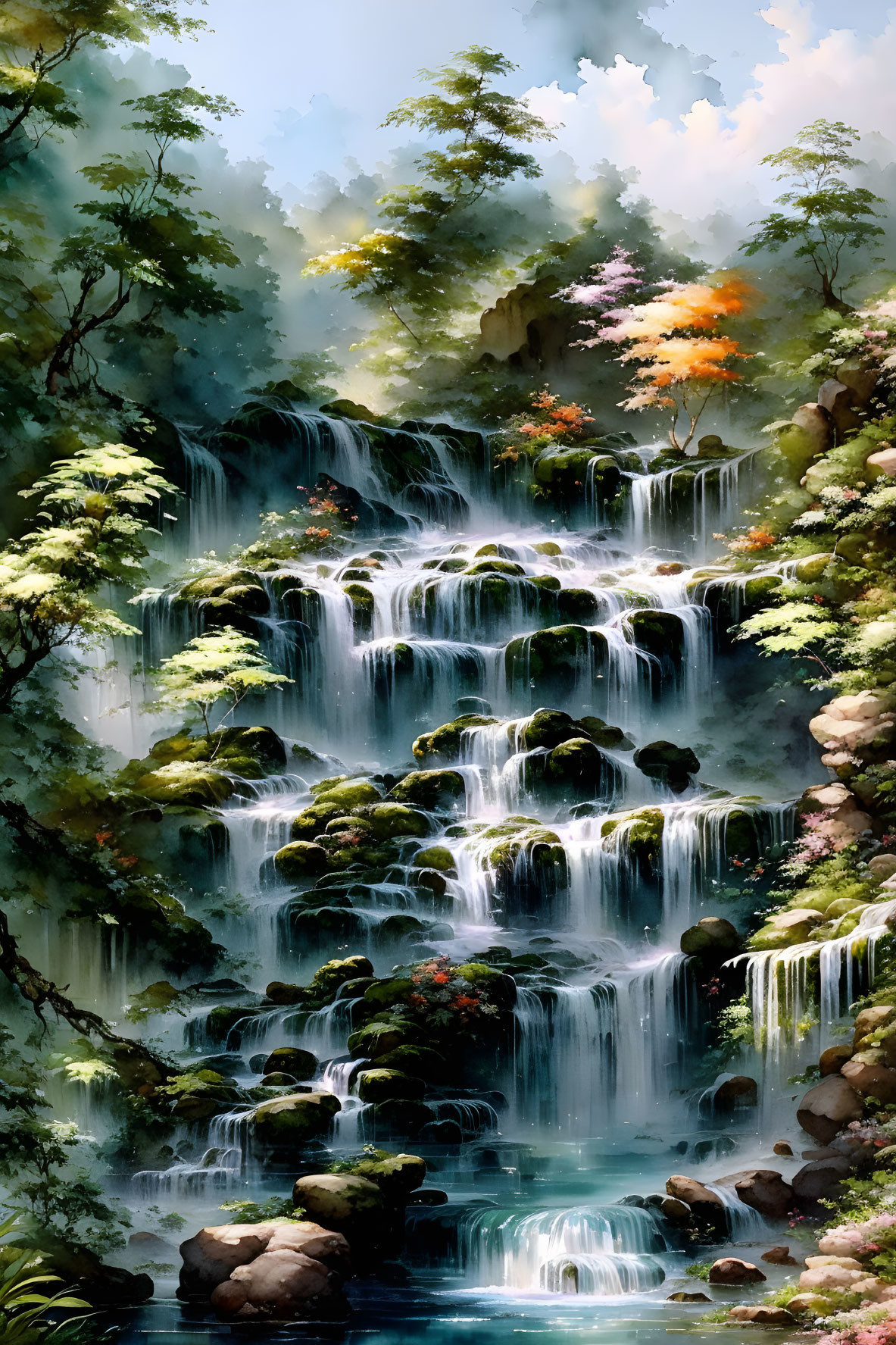 Tranquil Waterfalls Surrounded by Autumnal Foliage