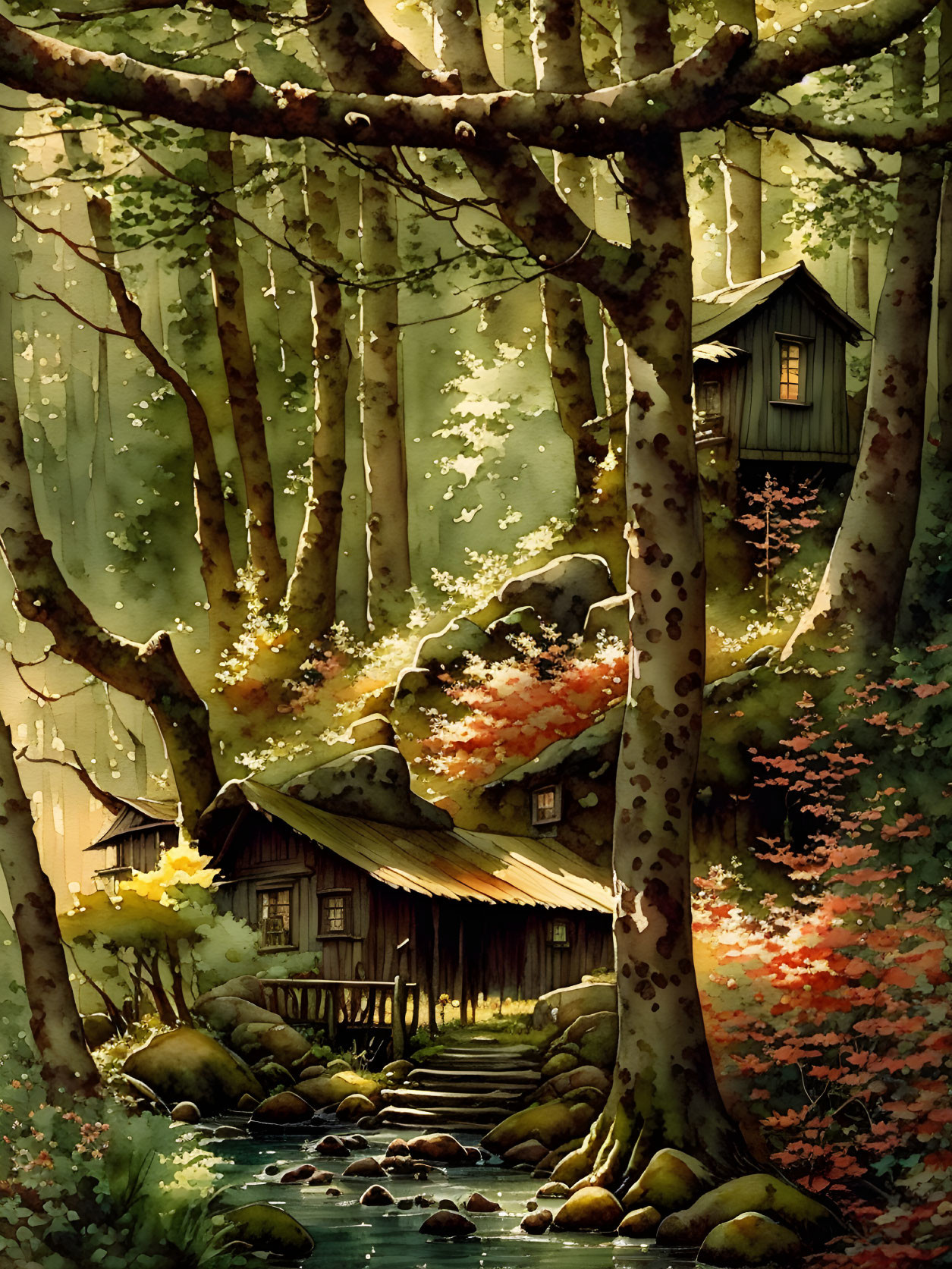 Tranquil forest scene with wooden cabin, birch trees, stream, and autumn leaves.