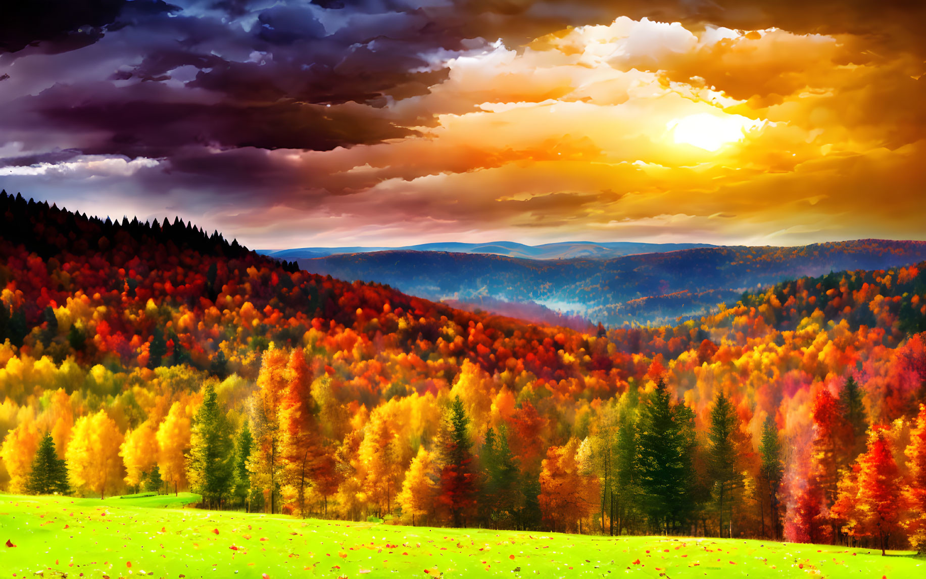 Colorful Autumn Forest Sunset Landscape with Dramatic Cloudy Sky