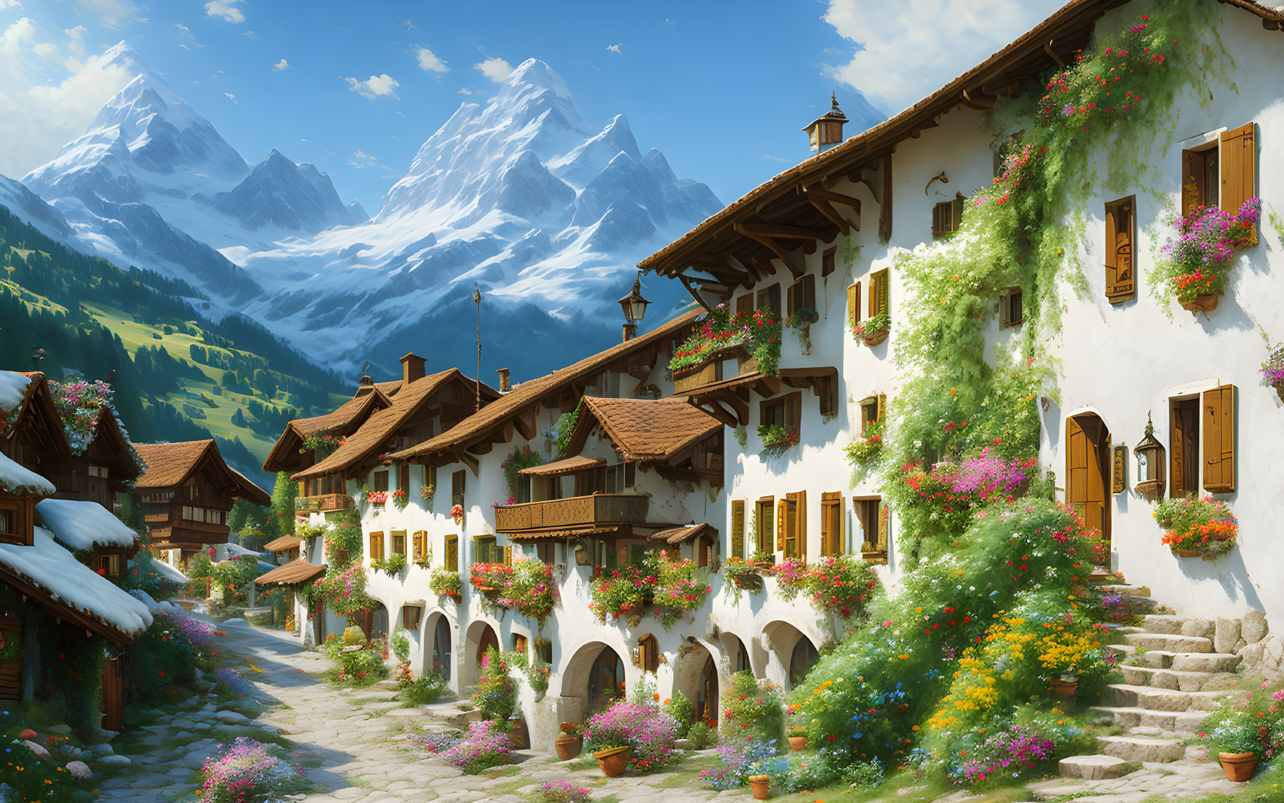 Scenic mountain village with colorful houses and snowy peaks