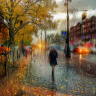 Vibrant oil painting of people with umbrellas on a rainy cobblestone street