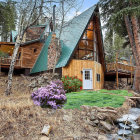 Tranquil watercolor scene: cabin, trees, stream