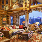 Cozy Log Cabin Interior with Plush Sofas and Mountain View