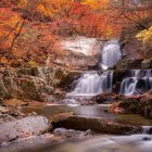 Tranquil autumn waterfall with mossy rocks and vibrant foliage