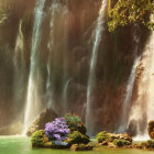 Tranquil waterfall oasis with lush greenery and colorful flowers