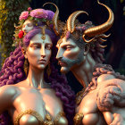 Mythological sculpture of woman with purple hair and ram-headed creatures