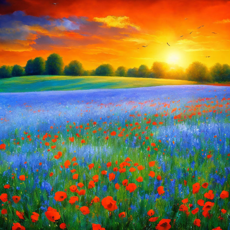 Colorful landscape with bluebonnet field, red poppies, green trees, and dramatic sunset sky