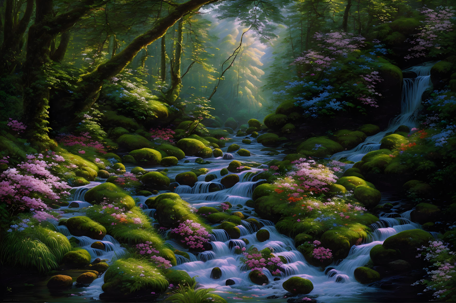 Tranquil forest scene with cascading stream, mossy rocks, sunlight, and pink flowers