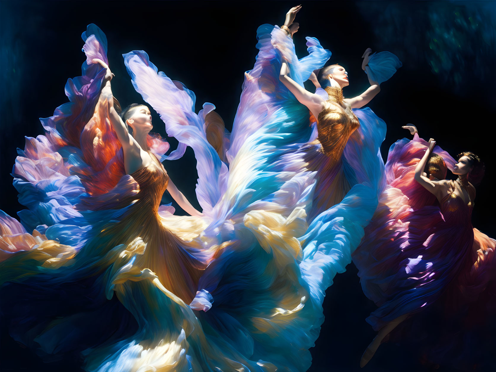 Vibrant dancers in flowing dresses against dark backdrop