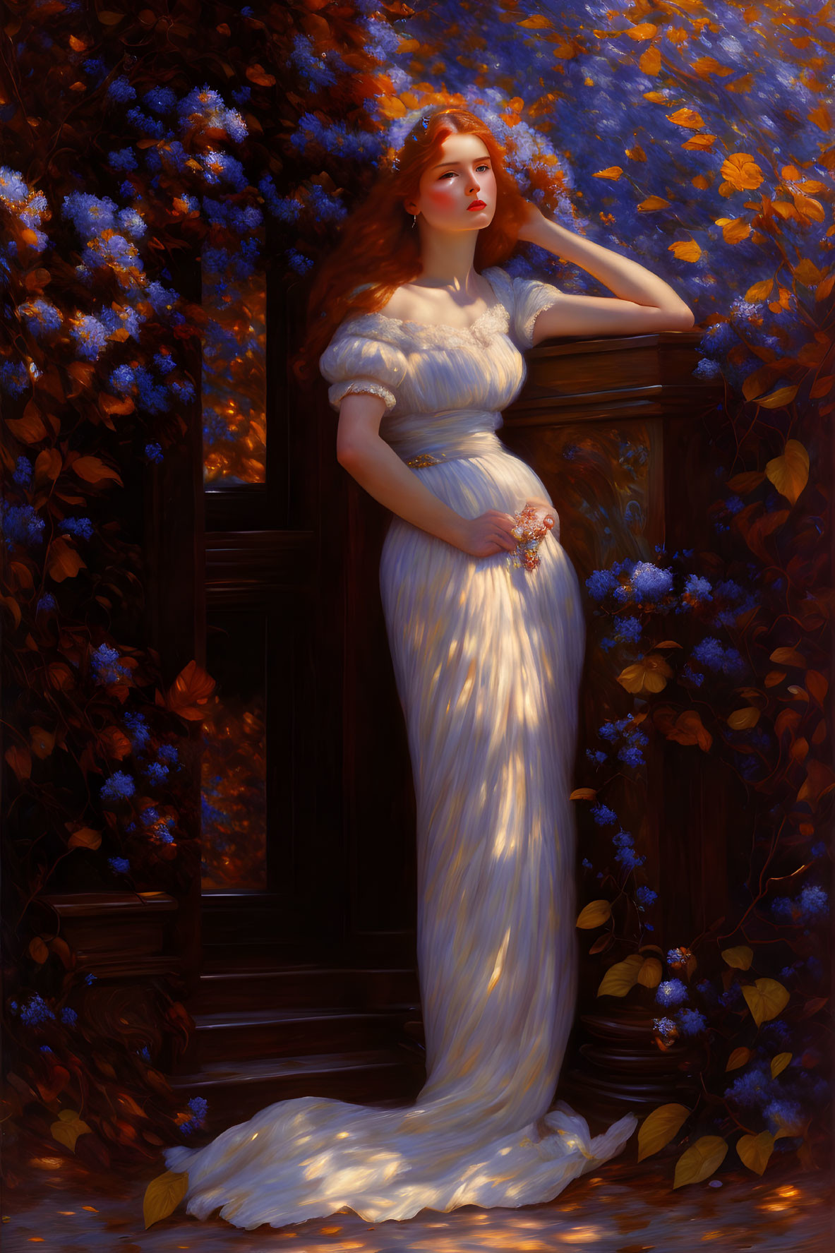 Woman with Red Hair in White Dress Beside Wooden Door & Colorful Flowers