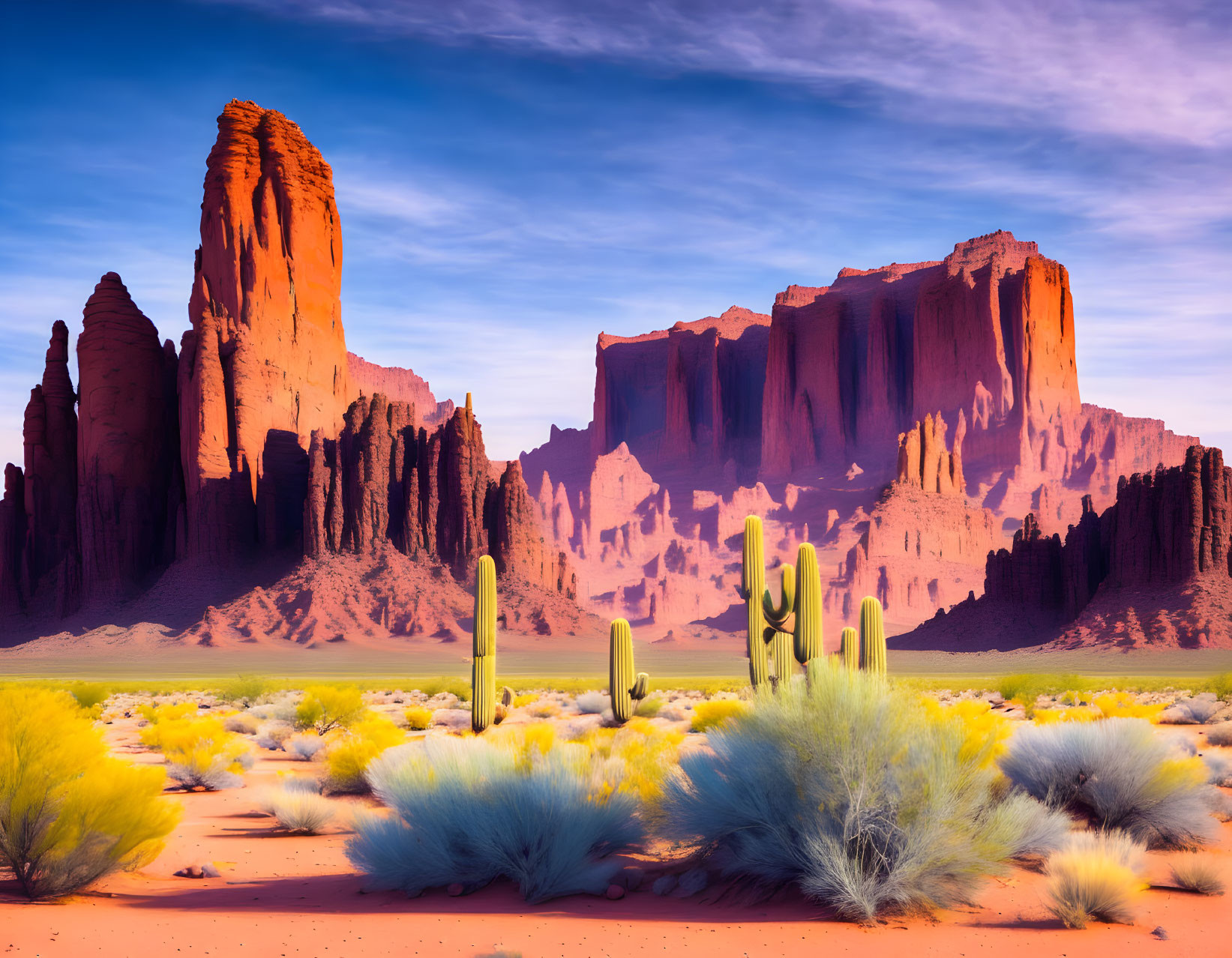 Desert landscape with red rock formations and cacti