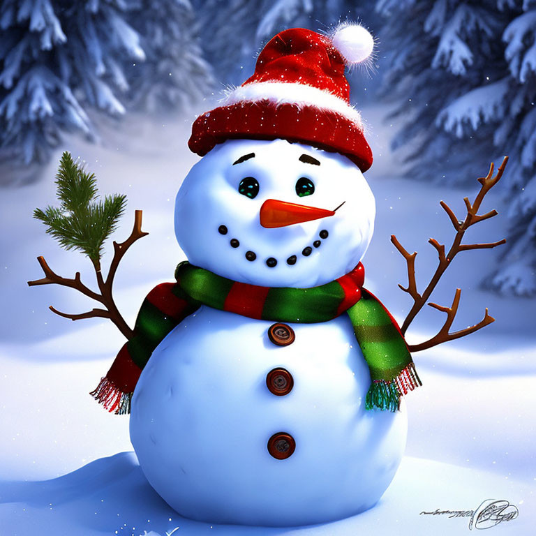 Cheerful snowman with red hat and green scarf in snowy forest