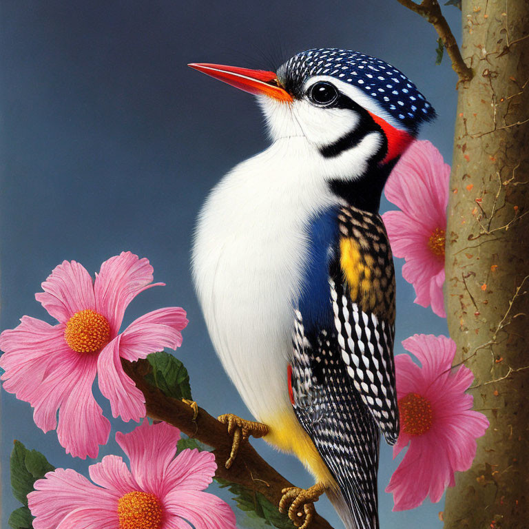 Colorful Bird with Red Beak and Blue Head Perched Near Pink Flowers