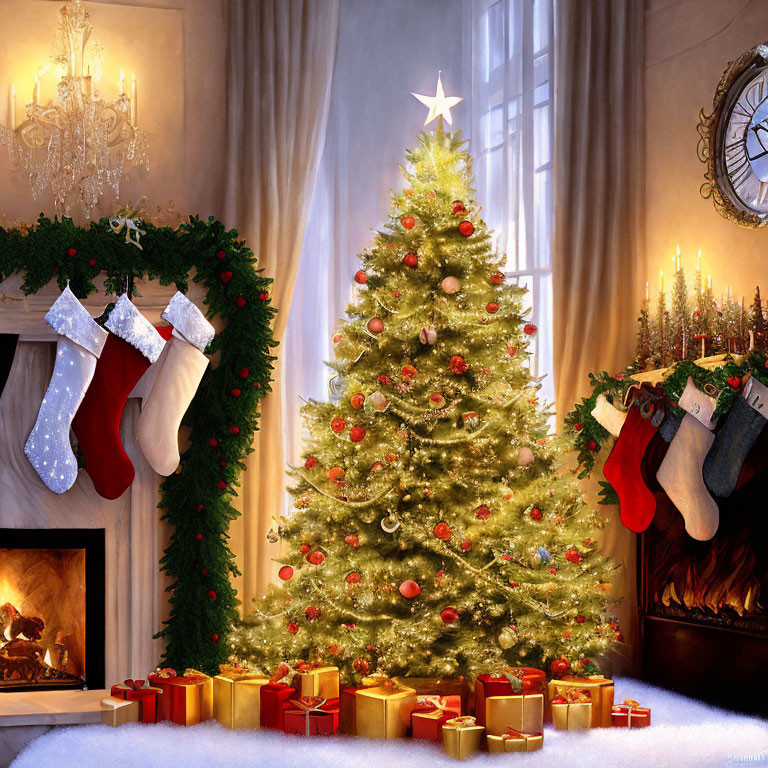 Festive Christmas decor with tree, stockings, presents, and warm lighting