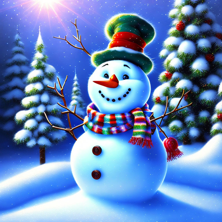 Colorful snowman with top hat and scarf in snowy landscape