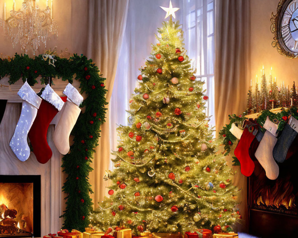 Festive Christmas decor with tree, stockings, presents, and warm lighting