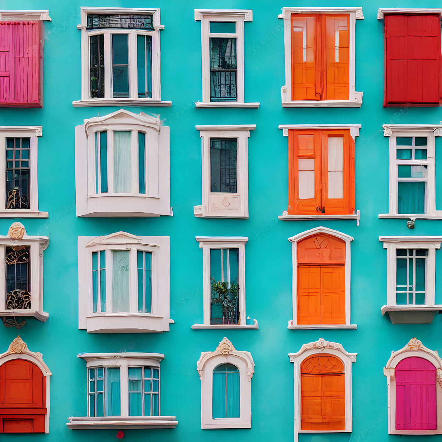 Colorful Windows on Turquoise Facade with Red, White, and Orange Shutters