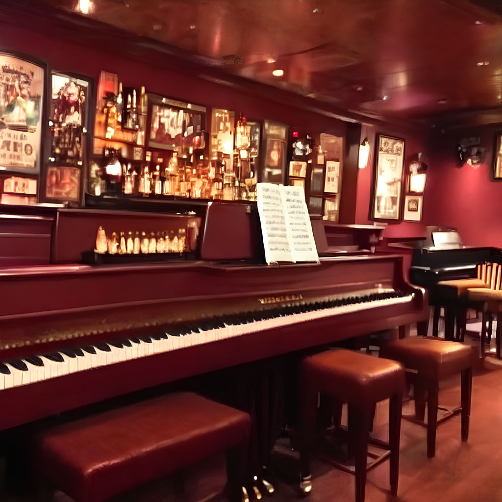 Cozy piano bar with grand piano, ambient lighting, bar stools, framed pictures, and liquor shelf