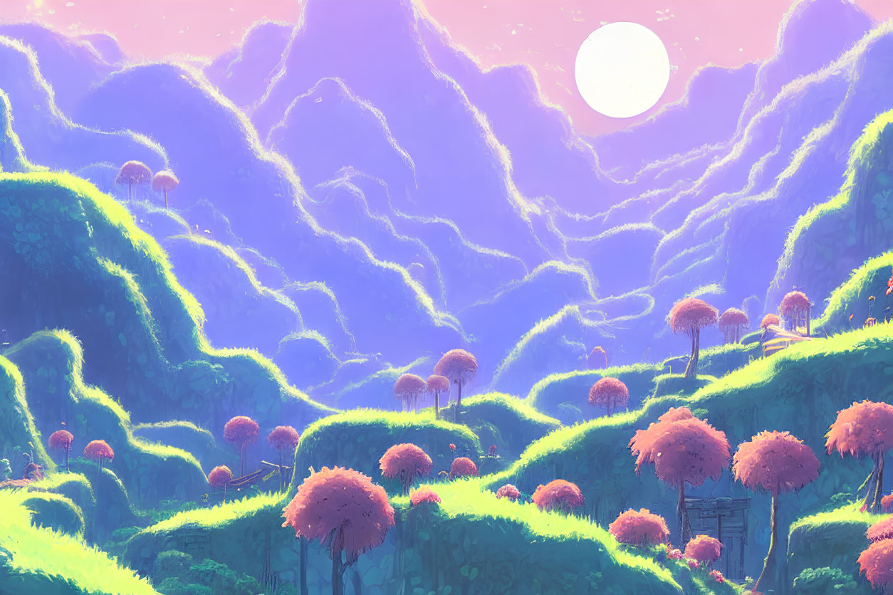 Fantastical landscape with pink-topped trees and purple sky