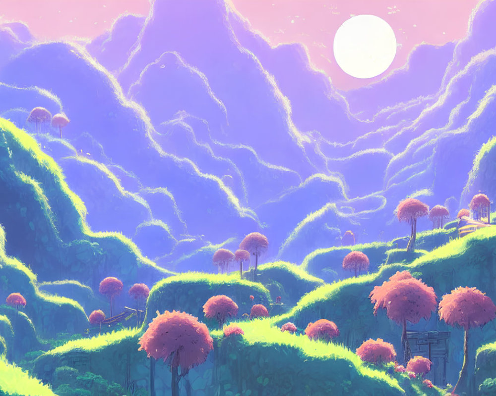 Fantastical landscape with pink-topped trees and purple sky