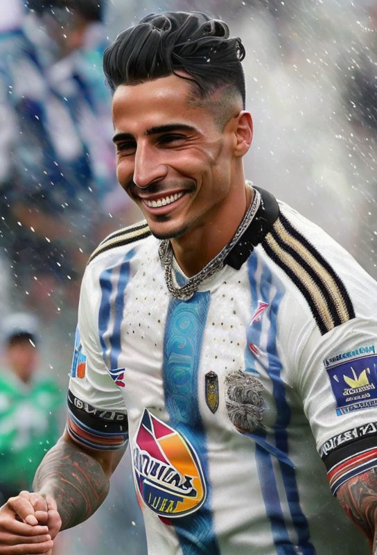 Smiling man with tattoos in football jersey at stadium