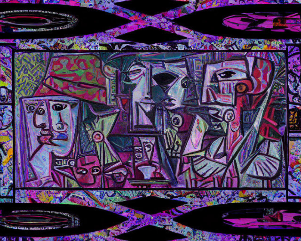 Colorful Abstract Artwork with Cubist-Style Face and Intricate Frames