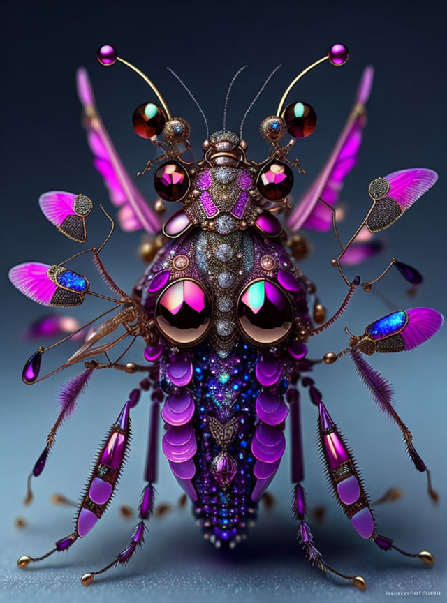 Fantastical jewel-encrusted insect with multiple eyes in vibrant purple tones