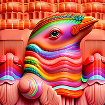 Vibrant bird digital art with rainbow hues on textured orange background