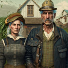 Rural-themed illustration of stern man and woman with badges in front of "Farewell Originals