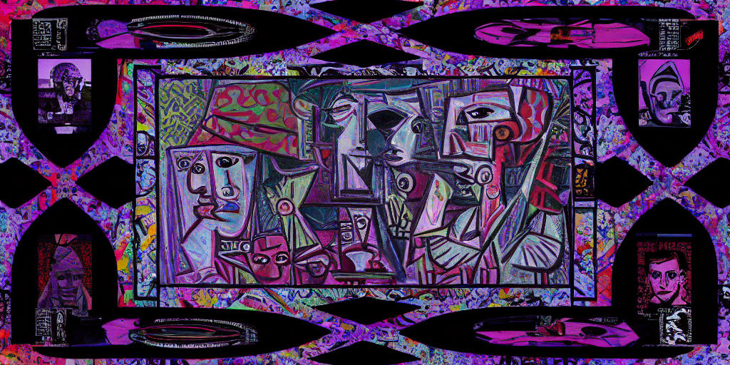 Colorful Abstract Artwork with Cubist-Style Face and Intricate Frames