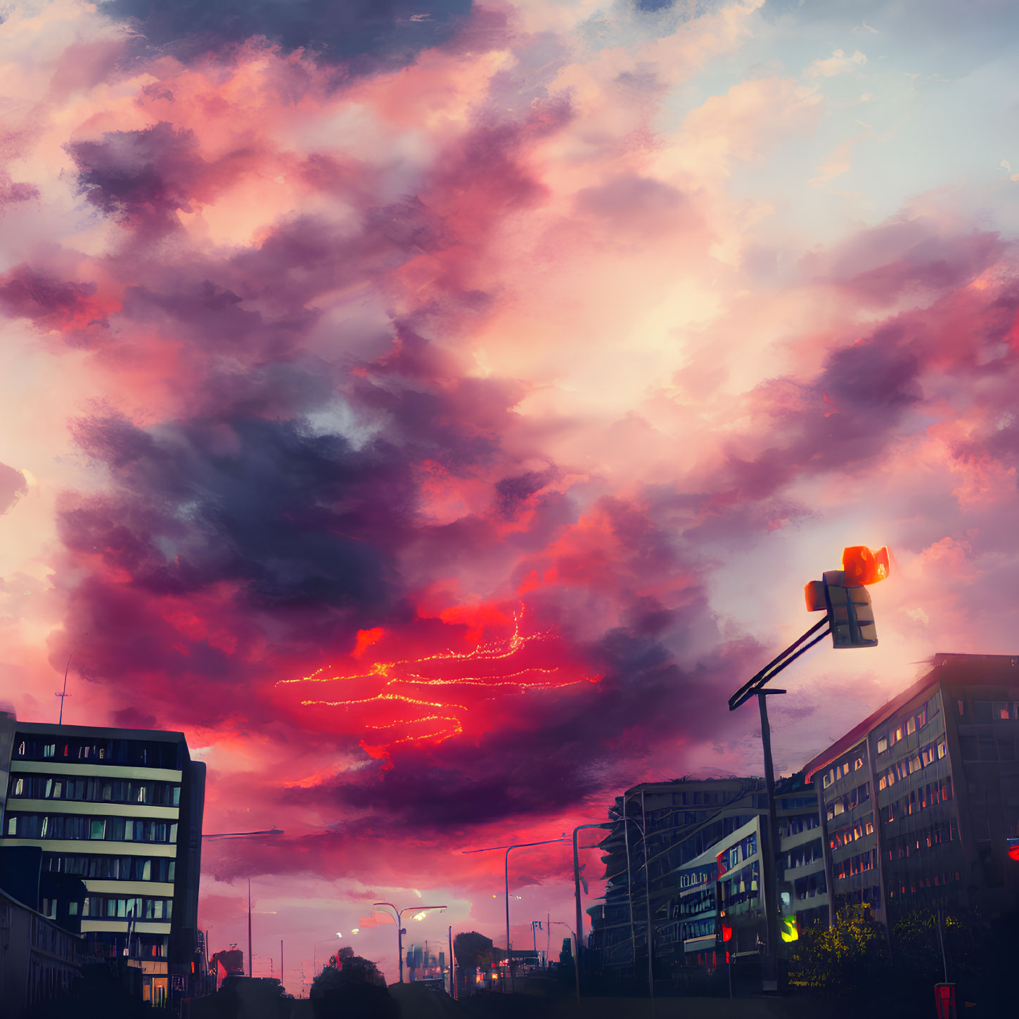 Dramatic red and pink sunset over cityscape with traffic light and buildings