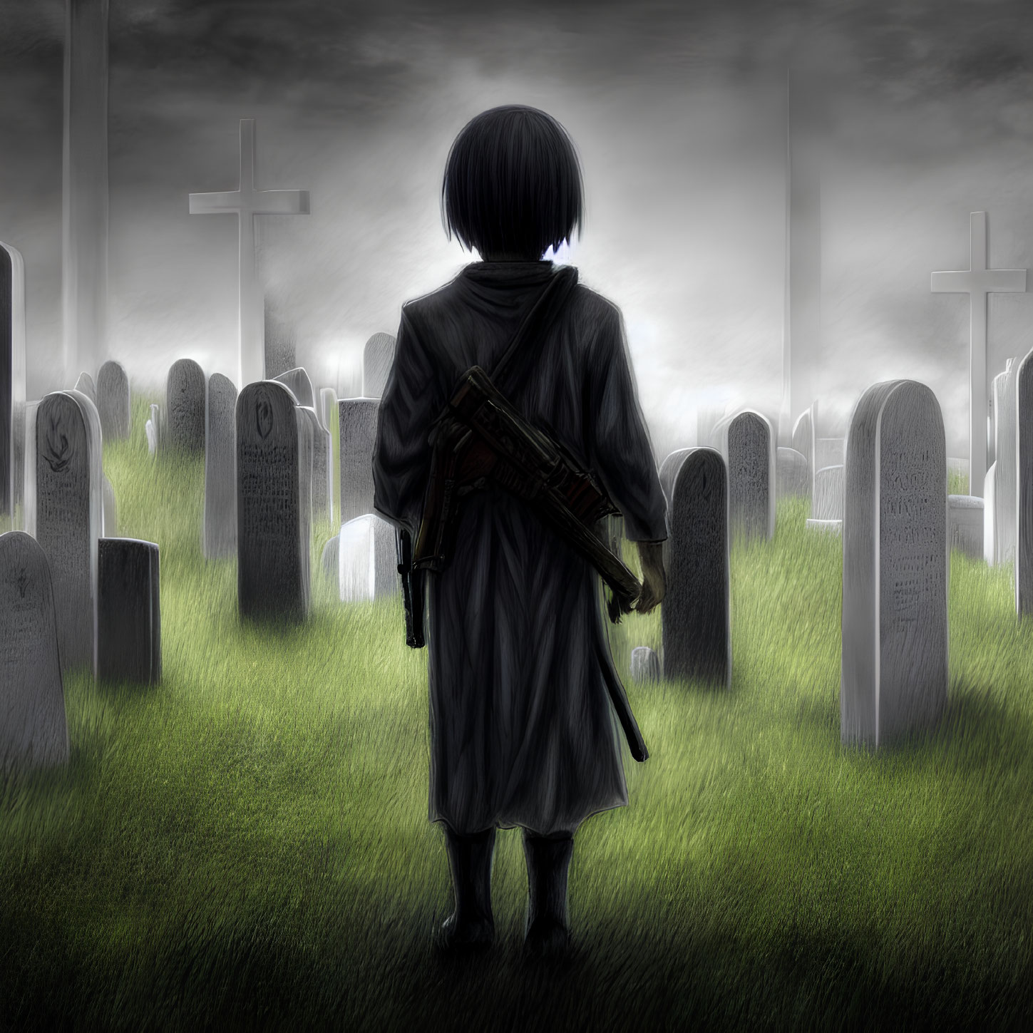 Figure with bob haircut in foggy cemetery holding rifle among tombstones.